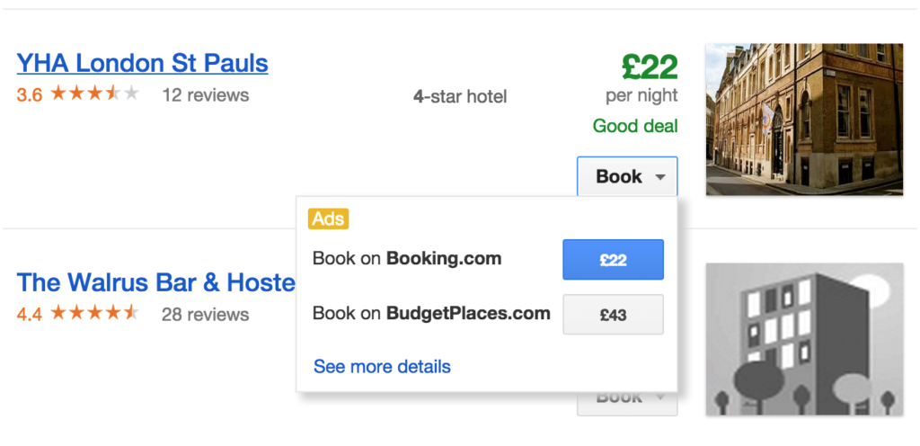 Google Hotel Finder book now button